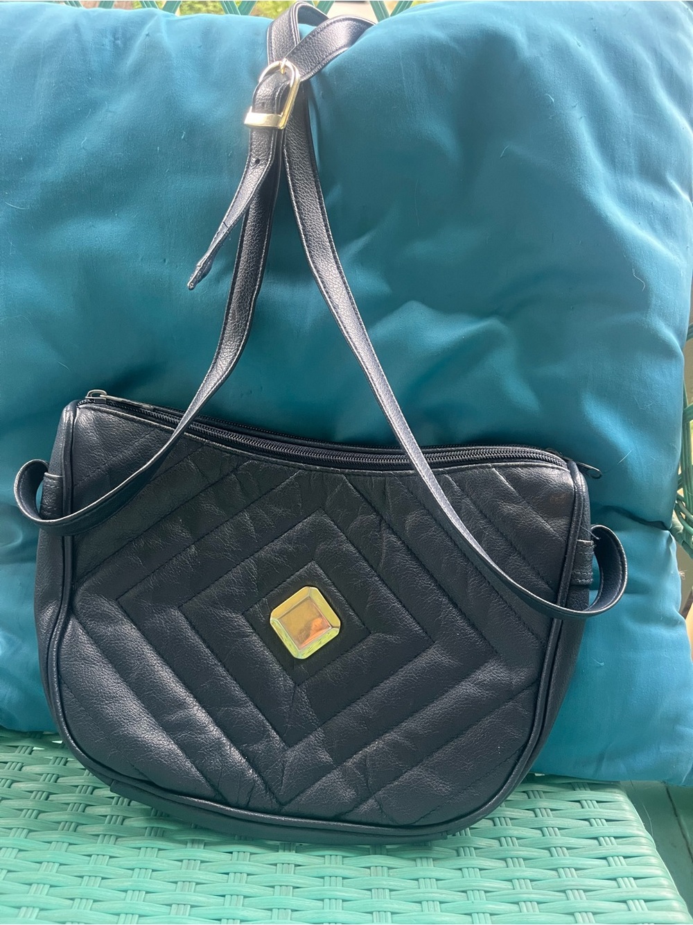 Title: TONI Navy Blue Quilted Genuine Leather Shoulder Bag with Gold Accent